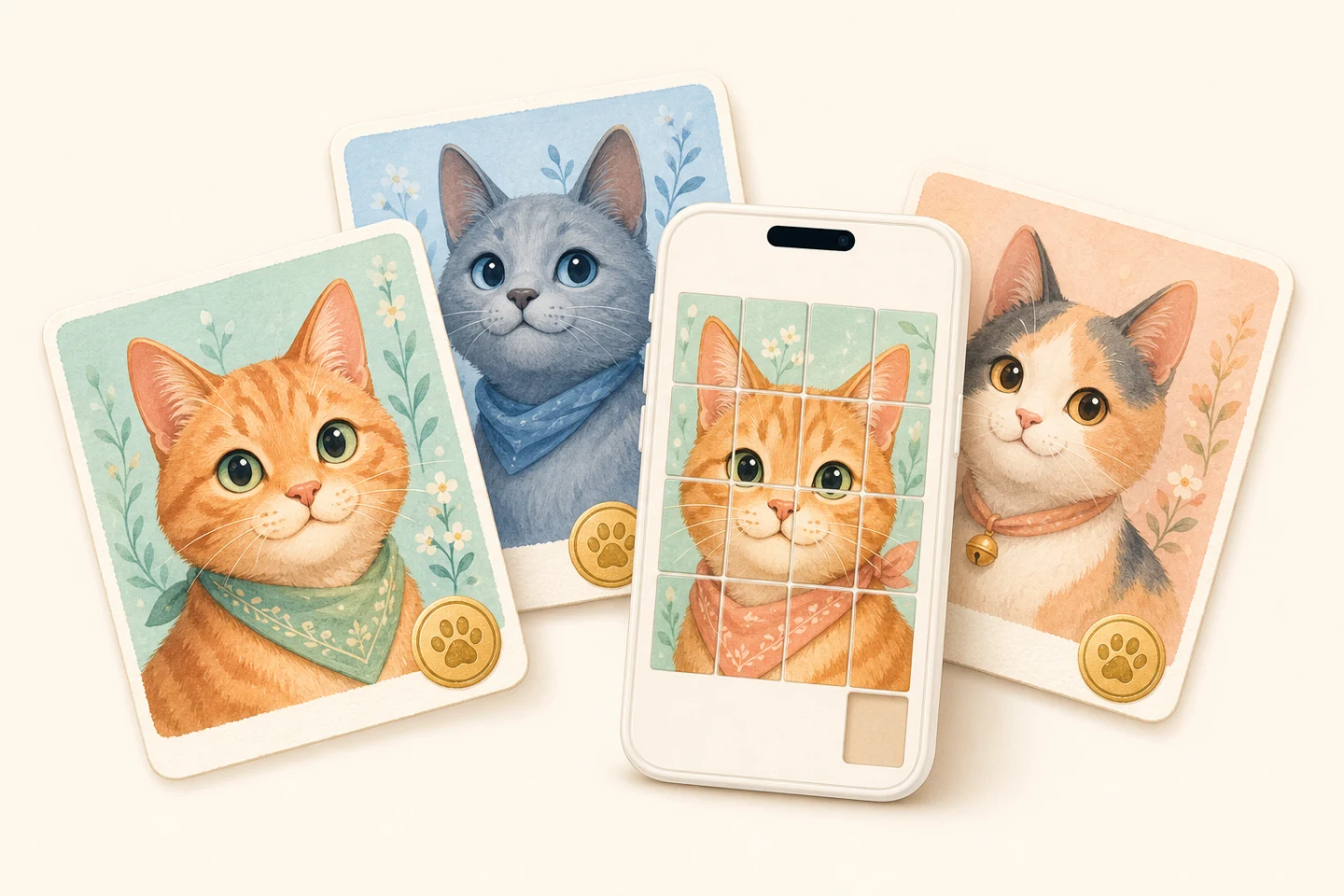 Illustrated cat portrait cards and a phone showing a square-tile cat puzzle